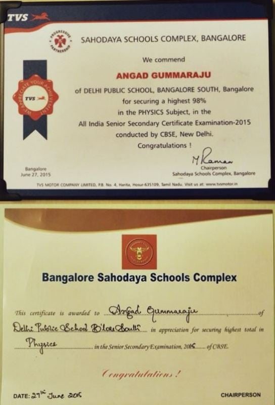 Trinetra Haldar Gummaraju's appreciation certificates, which she received in 2015 for securing the highest marks in the Physics subject in the All India class 12th board examinations